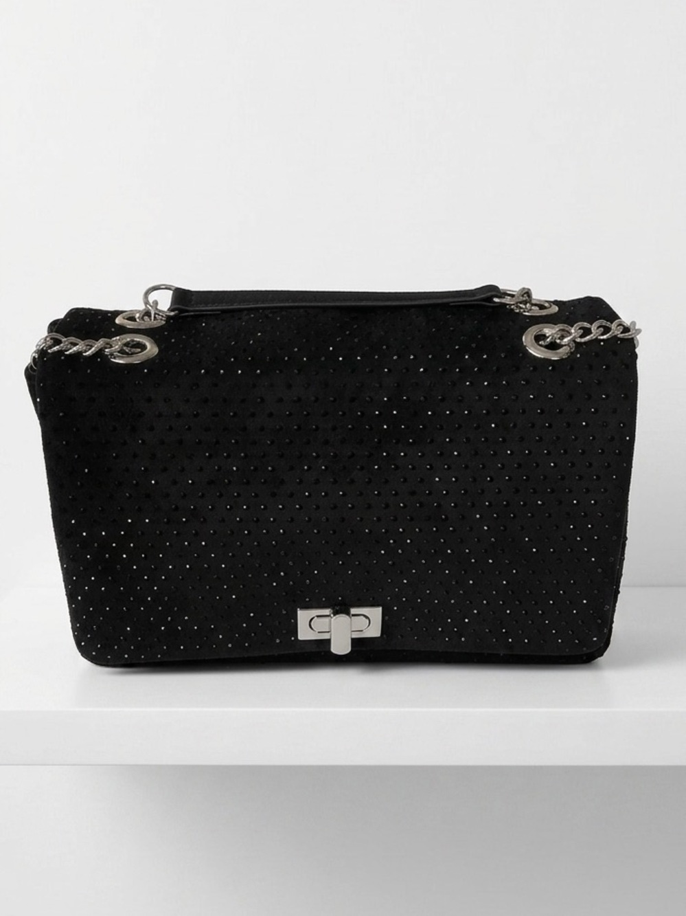 INC Black Suede Rhinestone Dot Flap Bag Silver Hardware Turn-Lock Crossbody